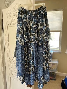 Misa Los Angeles Blue and White Asymmetrical Tiered Maxi Skirt